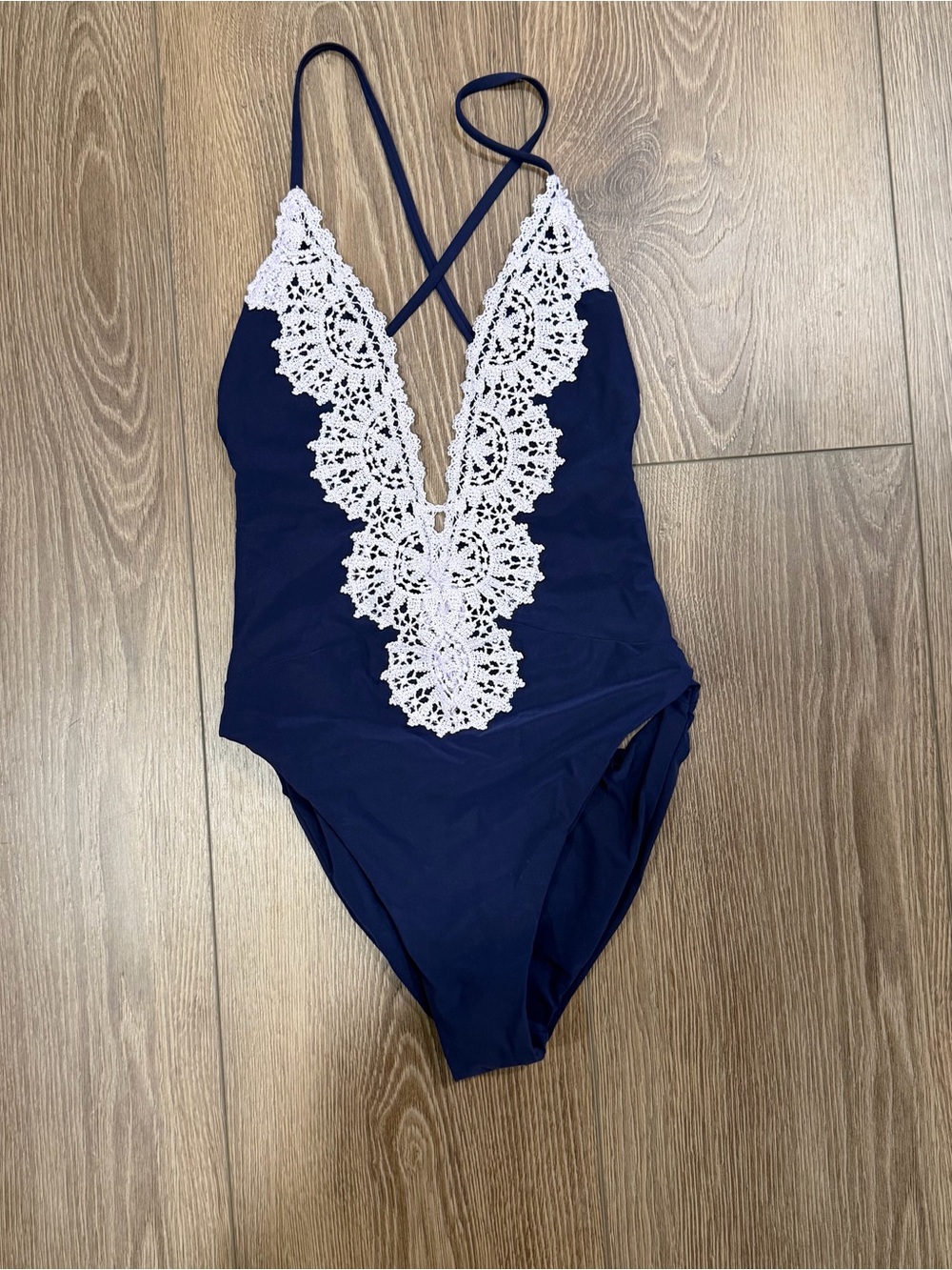 Blue Life Navy Lace One-Piece Swimsuit with White Crochet Trim S